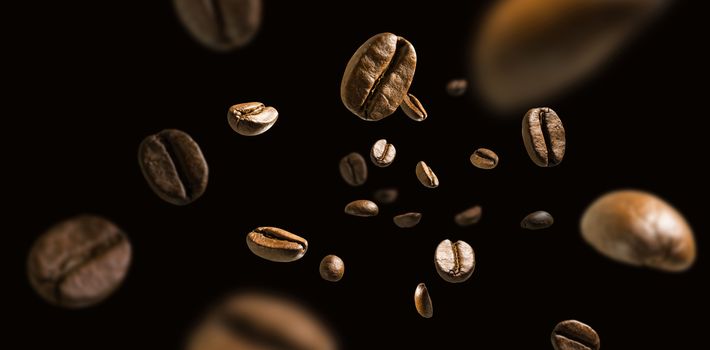 Coffee beans in flight on a dark background.