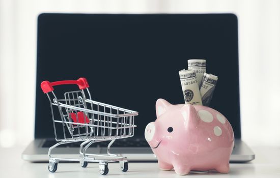 shopping cart and piggy bank with laptop on the desk, online shopping concept