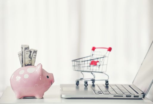 shopping cart and piggy bank with laptop on the desk, online shopping concept