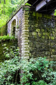 The pillar of the old bridge of stones surrounded by forest. soft focus, lack of focus