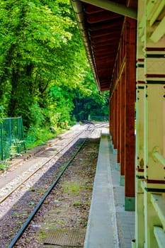 View of the railway station surrounded by forest. soft focus, lack of focus