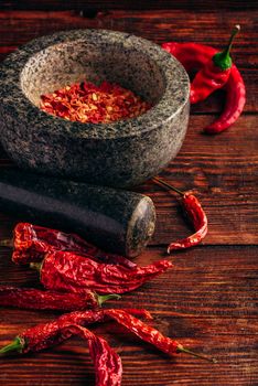 Dried and crushed red chili pepper in stone mortar