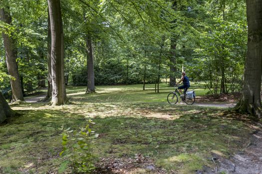woman on a bike in big english garden with green grass and path for walking with a small river crossing in netherlands