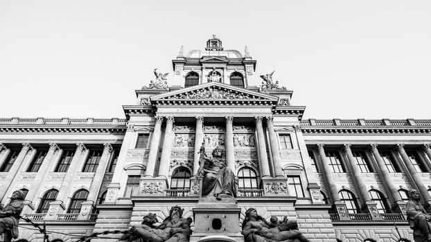 Detailed view of Czech National Museum in Prague, Czech Republic. Black and white image.