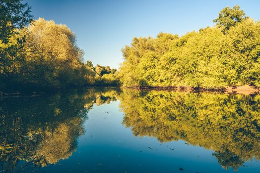 Autumn forest with reflection on water surface of blue lake