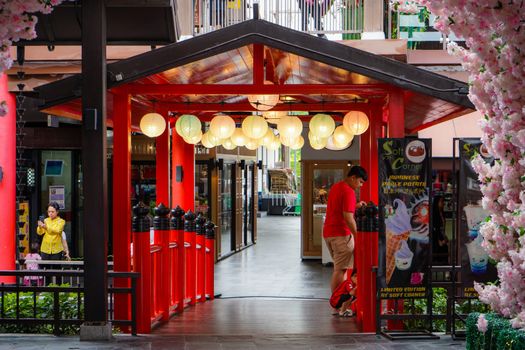 CHONBURI, THAILAND - JUL 21, 2019:Red bridge japan style JPark.The JPark is shopping mall which decoration in Japanese style.