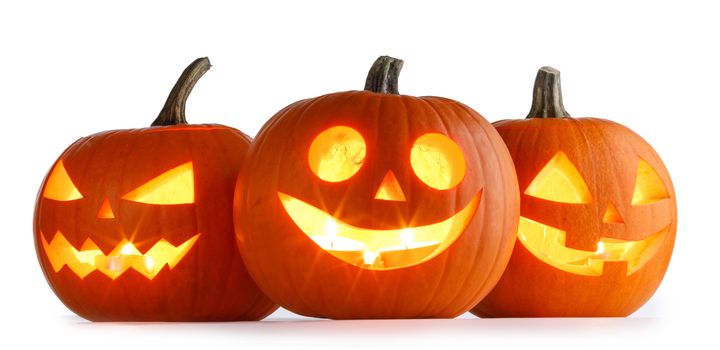 Three Halloween lantern Pumpkins isolated on white background