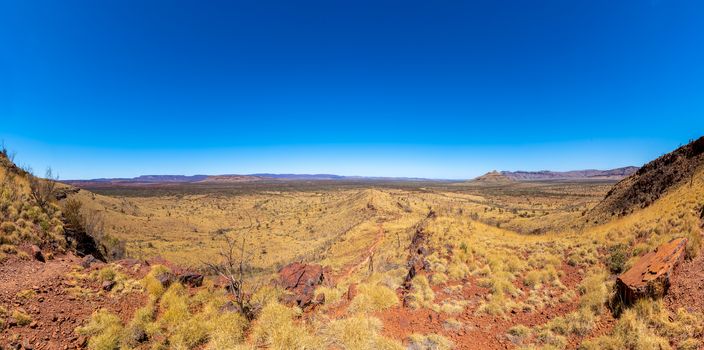 Mount Bruce panoramic view over dry landscape at Karijini National Park Australia