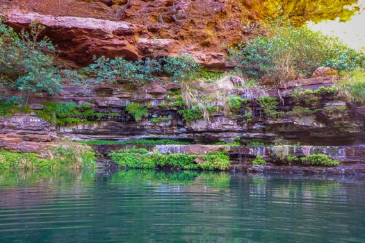 Water containing rock layers at circular pool in Dales Gorge Karijini National Park forming an oasis in Australia