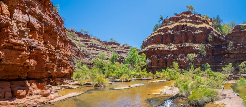 View at bottom of Dales Gorge panorama red stone surrounding green oasis at Karijini National Park Australia