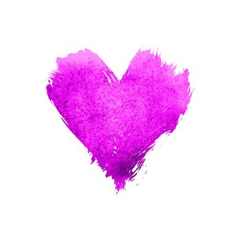 Purple and violet vivid watercolor painted heart with brushstroke grunge shape and paintbrush texture isolated on white background