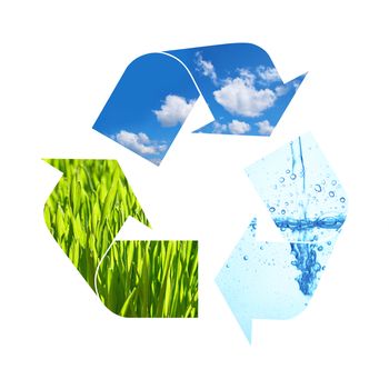Illustration recycling symbol of nature elements, green grass, blue sky and water isolated on white background