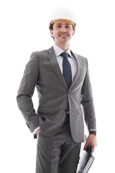 Young businessman in suit and hardhat isolated on white background