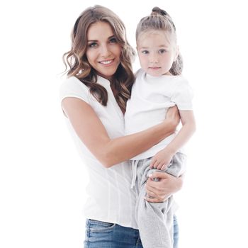 Mother embracing daughter isolated on white background