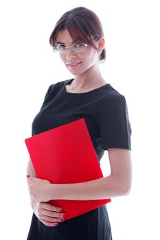 Portrait of young business woman with red folder isolated on white