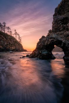 Trinidad State Beach at Sunset. Rock Arch Formation. California, USA