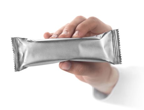 Aluminum packaging in hand. Clean for your design