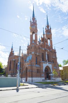 Red brick Church of the heart of Jesus in Samara, Russia. On a Sunny summer day. 17 June 2018