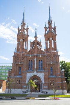 Red brick Church of the heart of Jesus in Samara, Russia. On a Sunny summer day. 17 June 2018