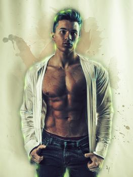 Young handsome man with muscular torso in unbuttoned shirt standing confidently in slight splashes of watercolor paint, on white background