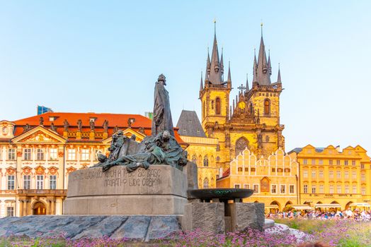 Jan Hus Monument and Church of Our Lady before Tyn at Old Town Square, Prague, Czech Republic.