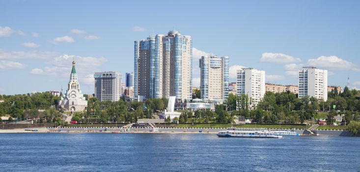 Volga river embankment in Samara, Russia. Panoramic view of the city. On a Sunny summer day. 18 June 2018