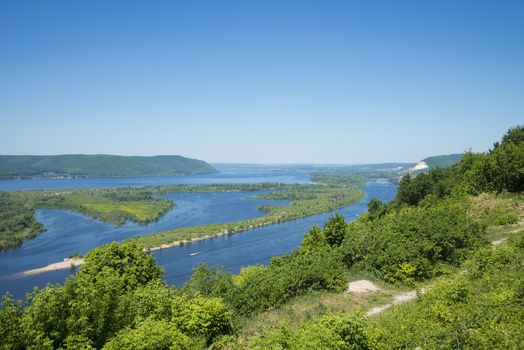 Panoramic view of the river Volga from a helicopter platform the city of Samara Russia. On a Sunny summer day. June 23, 2018