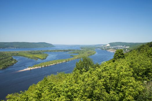 Panoramic view of the river Volga from a helicopter platform the city of Samara Russia. On a Sunny summer day. June 23, 2018