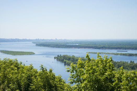 Panoramic view of the river Volga from a helicopter platform the city of Samara Russia. On a Sunny summer day. June 23, 2018