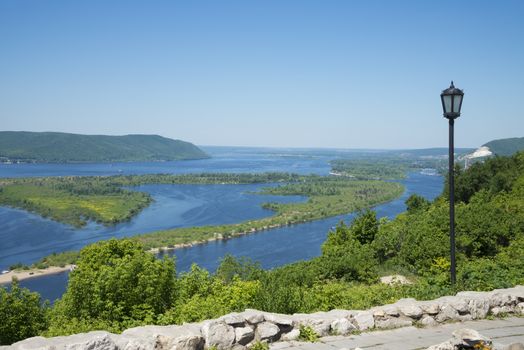 Panoramic view of the river Volga from a helicopter platform the city of Samara Russia. On a Sunny summer day. June 23, 2018