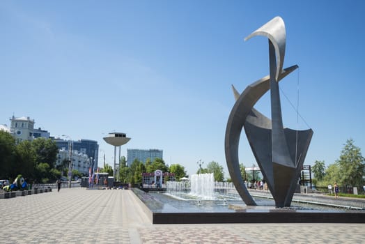Fountain and sculpture Sail on the Volga river embankment in Samara Russia. On a Sunny summer day. 24 June 2018