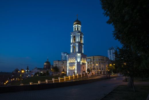 Bell tower with the Church of St. Nicholas at night in Samara Russia. 27 June 2018