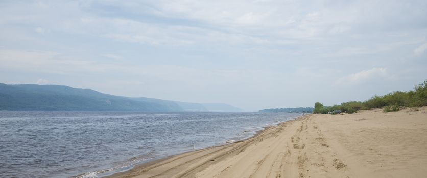 Panoramic view of the Zhiguli mountains from the Peninsula Kopylovo. Cloudy day 21 July 2018.