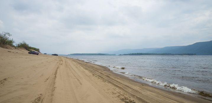 Panoramic view of the Zhiguli mountains from the Peninsula Kopylovo. Cloudy day 21 July 2018.