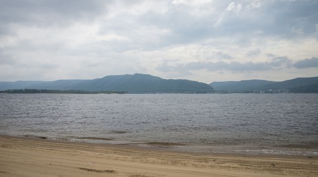 Panoramic view of the Zhiguli mountains from the Peninsula Kopylovo. Cloudy day 21 July 2018.