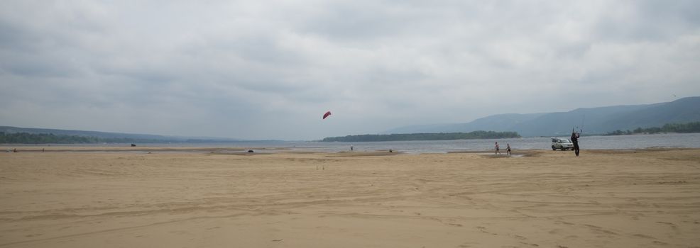 Panoramic view of the Zhiguli mountains from the Peninsula Kopylovo. Cloudy day 21 July 2018.