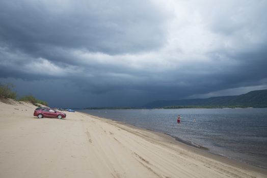 Panoramic view of the Zhiguli mountains from the Peninsula Kopylovo. Cloudy day 21 July 2018.