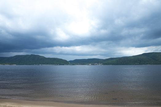 Panoramic view of the Zhiguli mountains from the Peninsula Kopylovo. Cloudy day 21 July 2018.