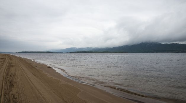 Panoramic view of the Zhiguli mountains from the Peninsula Kopylovo. Cloudy day 21 July 2018.