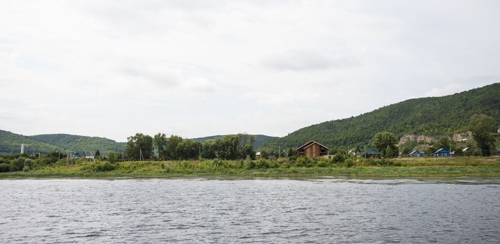 View of the Zhiguli mountains in the Samara region, Russia. Cloudy day, August 10, 2018.