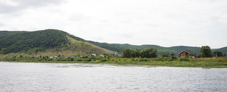 View of the Zhiguli mountains in the Samara region, Russia. Cloudy day, August 10, 2018.