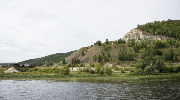 View of the Zhiguli mountains in the Samara region, Russia. Cloudy day, August 10, 2018.