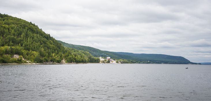 View of the Zhiguli mountains in the Samara region, Russia. Cloudy day, August 10, 2018.