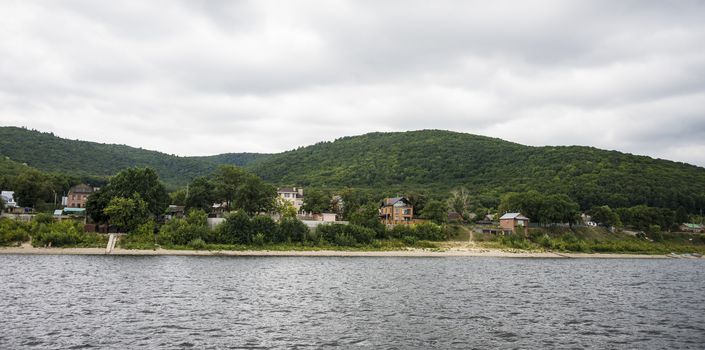 View of the Zhiguli mountains in the Samara region, Russia. Cloudy day, August 10, 2018.