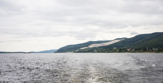 View of the Zhiguli mountains in the Samara region, Russia. Cloudy day, August 10, 2018.