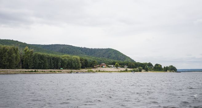 View of the Zhiguli mountains in the Samara region, Russia. Cloudy day, August 10, 2018.