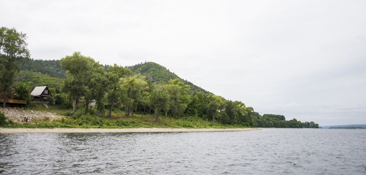 View of the Zhiguli mountains in the Samara region, Russia. Cloudy day, August 10, 2018.