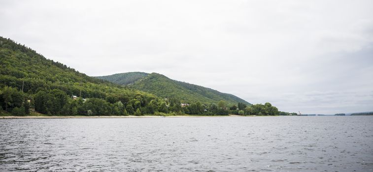 View of the Zhiguli mountains in the Samara region, Russia. Cloudy day, August 10, 2018.