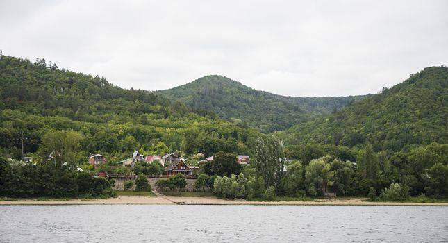 View of the Zhiguli mountains in the Samara region, Russia. Cloudy day, August 10, 2018.