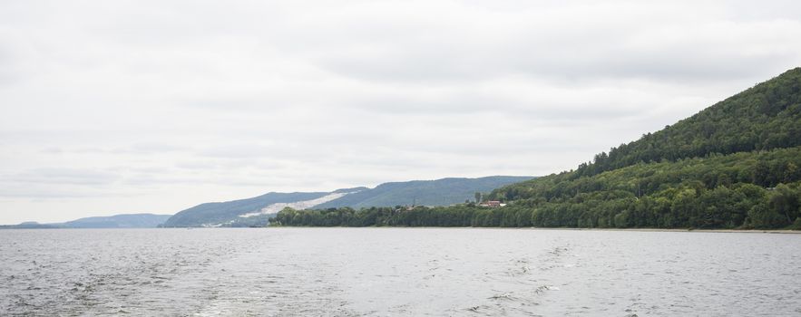 View of the Zhiguli mountains in the Samara region, Russia. Cloudy day, August 10, 2018.